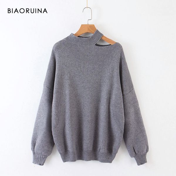 

biaoruina color women's off the shoulder halter collar fashion knit sweater female pullover ladies casual loose sweater, White;black