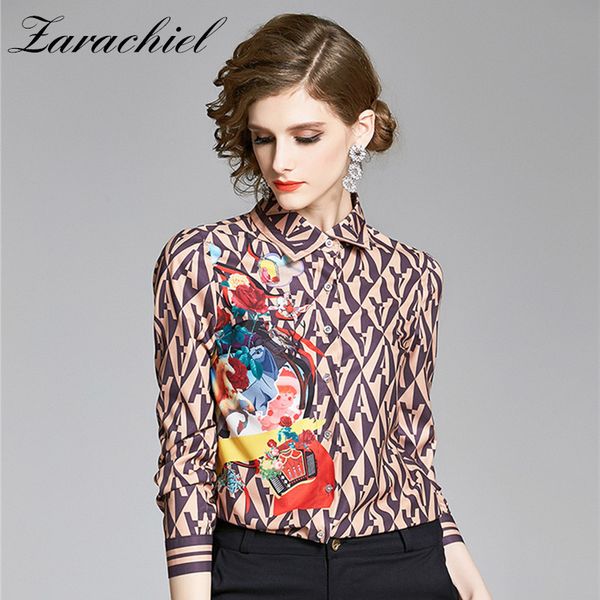 

elegant letter flower print long sleeve women blouse shirt summer turn-down collar blouses shirt work wear female casual top, White