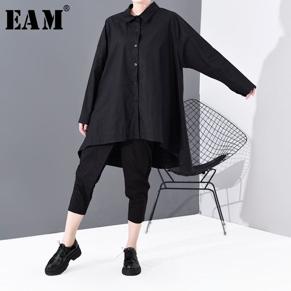 

eam] women black back long asymmetrical big size blouse new lapel long sleeve loose fit shirt fashion spring autumn 2020 1s804, White