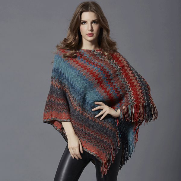 

bohemian woman fringed cape tassels cloak bat sleeved sweater poncho knitted mixed color striped hedging pullover shawl 2018 new