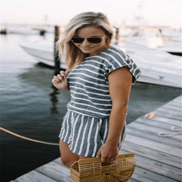 

набор casual женская одежда летняя женская дизайнер 2pcs костюм способа печати шнурка полосатые с коротким рукавом jumpsu, Gray