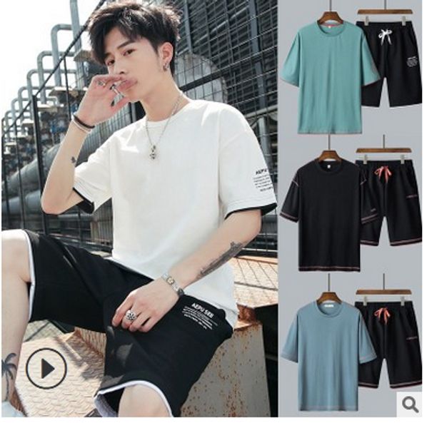 

fashion casual suit man o-neck t-shirt + shorts set boy 2020 kpop suit summer men's loose sports and hip hop leisure, White;black