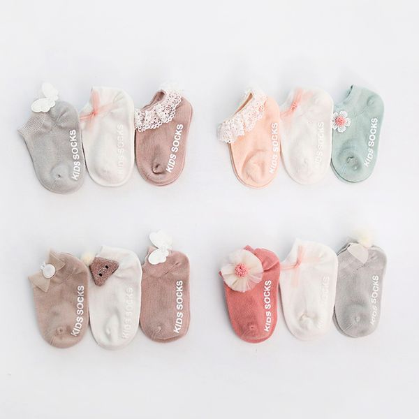 

3 pairs/pack newborn cotton ankle socks toddler anti-slip floor sock baby girls 3d ruffled bowknot flower socks princess, Pink;yellow