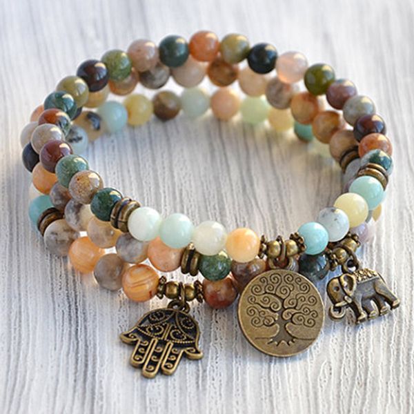 

set 3 mala bracelet yoga mala beads 6mm picture j-asper amazonite crazy lace beaded tree of life elephant hamsa bracelet, Golden;silver