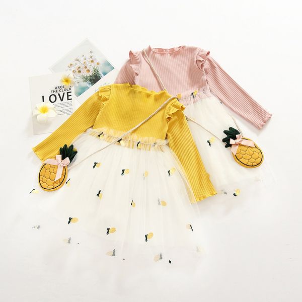 

autumn 2019 princess baby girl clothes with a bag pineapple lace tulle dress girls long sleeve ruched birthday party dresses, Red;yellow