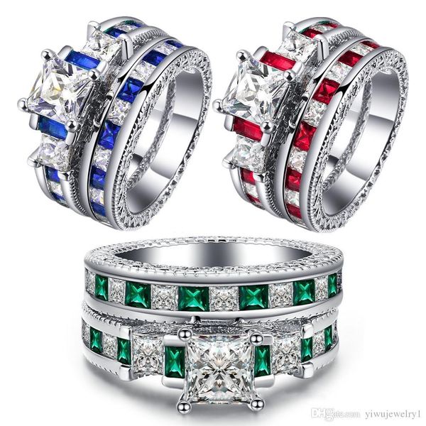 

luxury 925 sterling silver princess cut natural white sapphire ring diamond bridal wedding engagement band ring set size 5-12