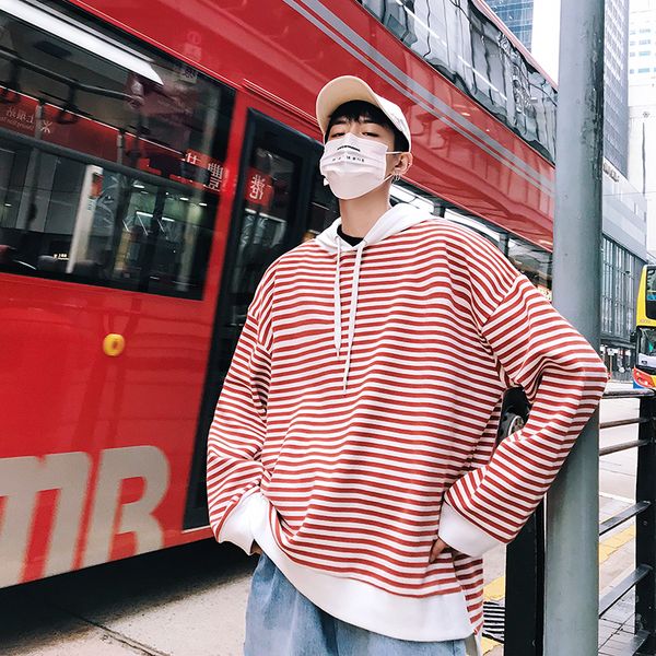 

2019 spring new men's youth korean version of harajuku style couple loose casual simple striped hooded lazy college, Black