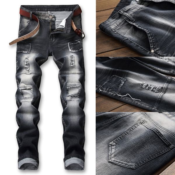 

mens designer jeans hole slim small straight patch begging pants, Blue