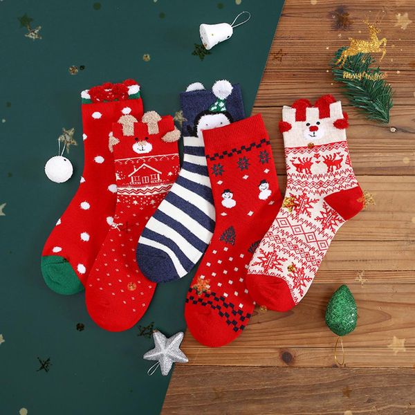 

2019 11.11 new 2/3/5 pairs women cartoon snowman elk bear warm comfortable cotton cartoon keep warm lady socks christmas gift, Black;white