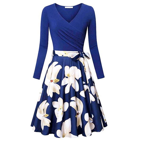 

winter party dress vintage floral print long sleeve mini dresses women clothes 2019 elegant blue midi dress with belt vestidos, Black;gray