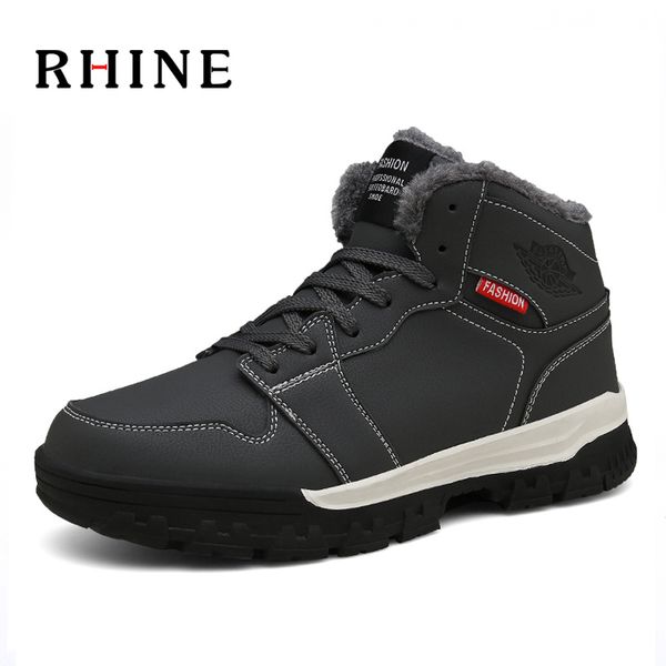 

rhine new arrival men boots waterproof winter soft pu leather men snow boots keep warm sneakers ankle with plush botas, Black