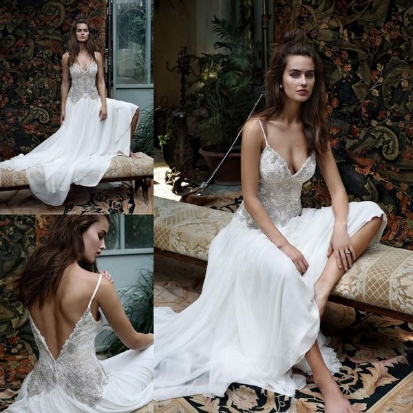 

2020 lihi hod bohemian wedding dresses appliques a line beach lace wedding gown floor length chiffon beaded boho backless bridal gowns, White