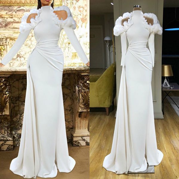 

arabic robe de soiree long sleeve evening dresses ruffles high neck mermaid prom dress satin modest formal party gowns, Black;red