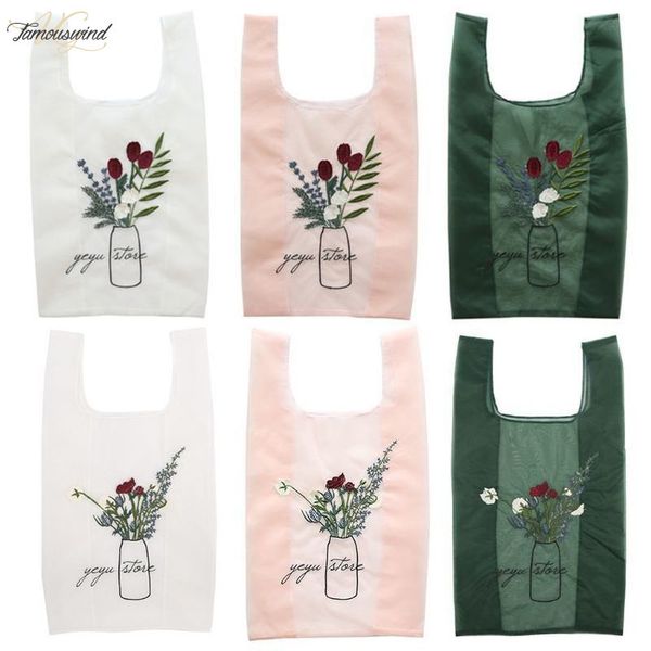 

fashion women girls foldable embroidery handy shopping tote bags lady casual reusable tote pouch recycle storage handbags new