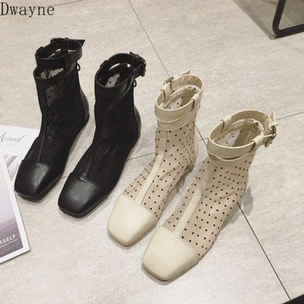 

boots 2021 female breathable mesh coarse with square head wavelet point, Black