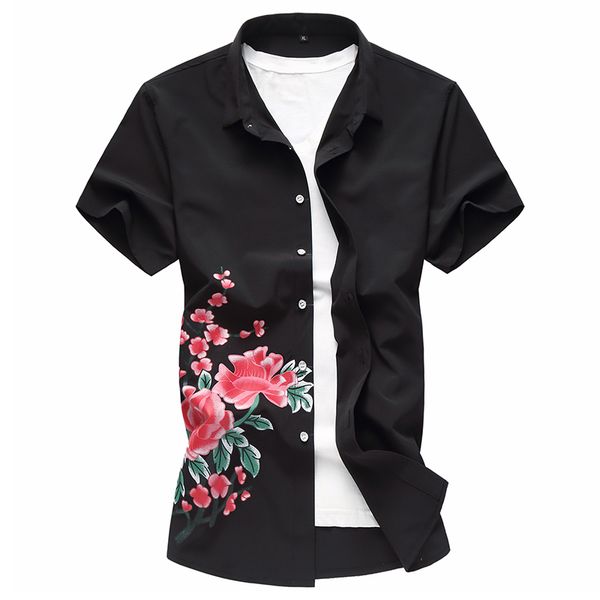 

big red flower pattern fashion boutique luxury short sleeve shirt summer new cotton soft comfortable men shirt -7xl, White;black