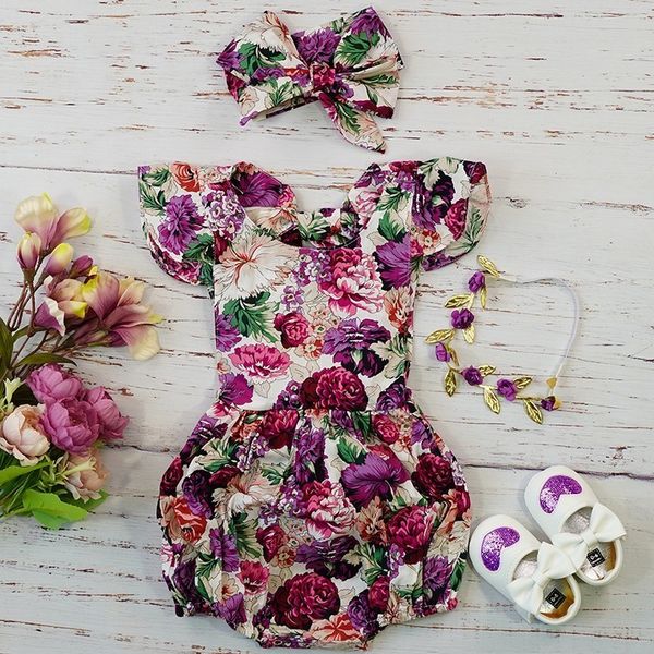 

newborn infant baby girl clothes set kids purple floral vintage romper costume pgraphy summer 2019 cotton jumpsuit for baby t200706, Blue
