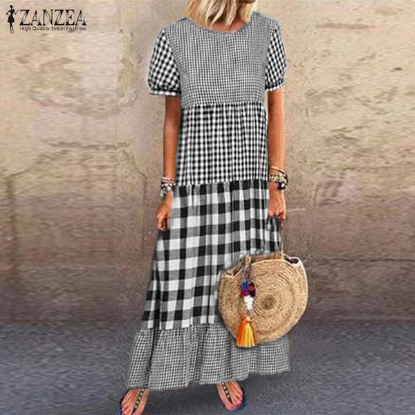 

zanzea women short sleeve plaid checked dress vintage summer sundress casual pacthwork kaftan party vestido robe femme dresses, Black;gray