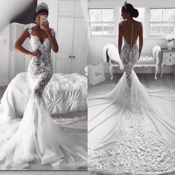 

2019 illusion mermaid wedding dresses v neck lace applique lace apliqued backless bridal gowns sweep train beach wedding dress, White