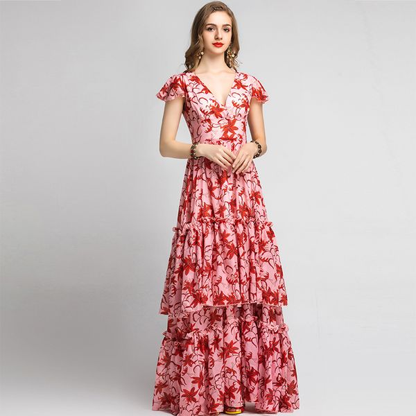 

plus size summer vacation maxi dress women's v neck ruffles vintage flower floral print holiday party long dress gown, Black;gray