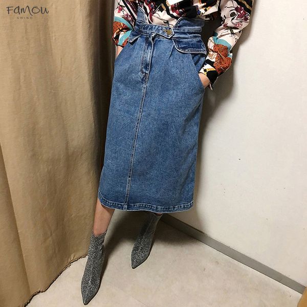 

High Slim Waist Midi Jean Skirt Women Straight Loose Streetwear Skirts Female Pockets Spring Denim Skirts 2019 Summer