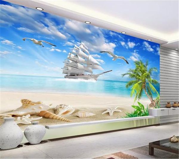 Promoção papel de parede 3d vela suave mar praia coco árvore vela TV fundo parede papel de parede bonito