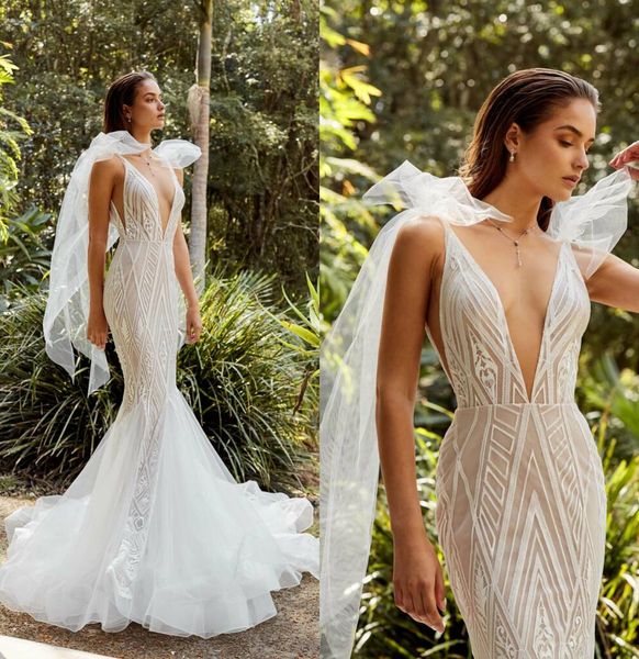 2019 Elie Saab Mermaid Gelinlik Derin V Boyun Yay kayış Sweep Tren Dantel Gelin Törenlerinde Custom Made Artı Boyutu Gelinlik