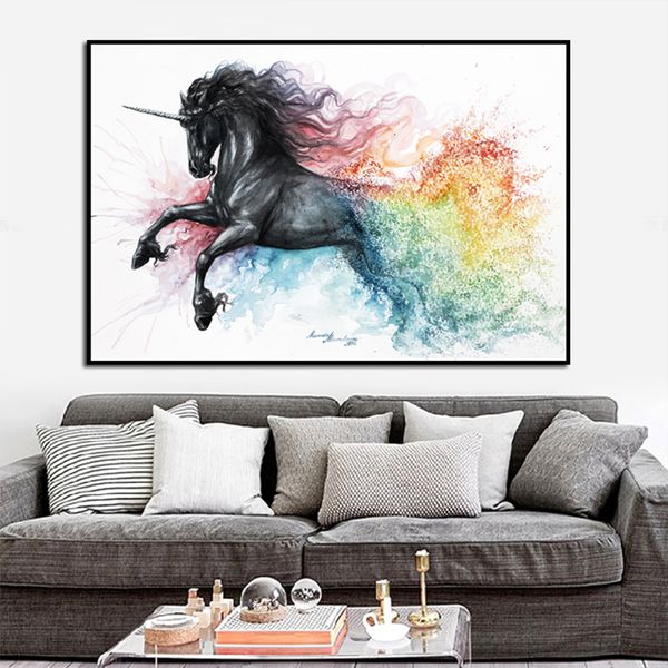 

beautiful unicorn black horse canvas oil painting abstract animals wall art pictures for home room decoration 191004