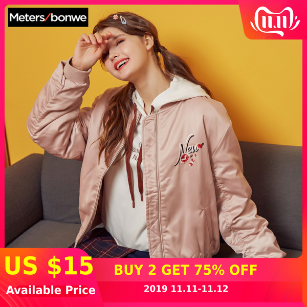 

metersbonwe 2019 spring winter women's pink floral embroidery jackets cotton coat padded slim baseball coat female outwear warm, Black