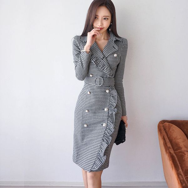

2019 winter double-breasted long sleeve ruffles bodycon houndstooth office work wear dress women plus size party midi dresses, Black;gray