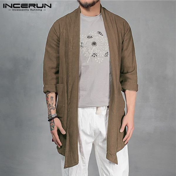 

incerun men's cardigan long sleeve autumn coat jackets outwear cardigan cloak irregular hem loose long trench pockets masculino, Tan;black