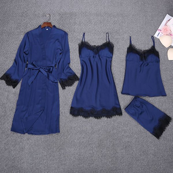 

new womens 4pcs strap pants suit night robe sleepwear sets casual home wear pajamas nightwear sleep kimono bath gown, Blue;gray