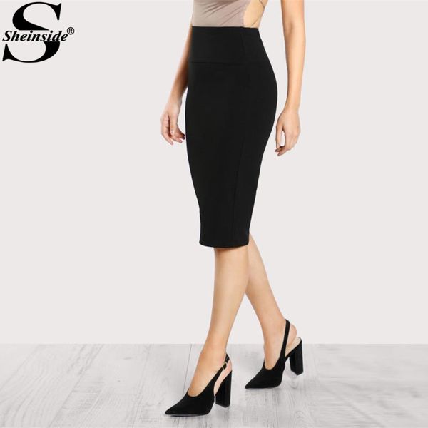 

sheinside office ladies black pencil skirt mid elastic waist knee length plain skirt women work wear elegant autumn skirt, Black;gray