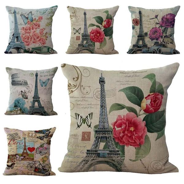 

france paris eiffel tower flower pillow case cushion cover linen cotton throw pillowcases sofa bed pillow covers drop shipping 240474