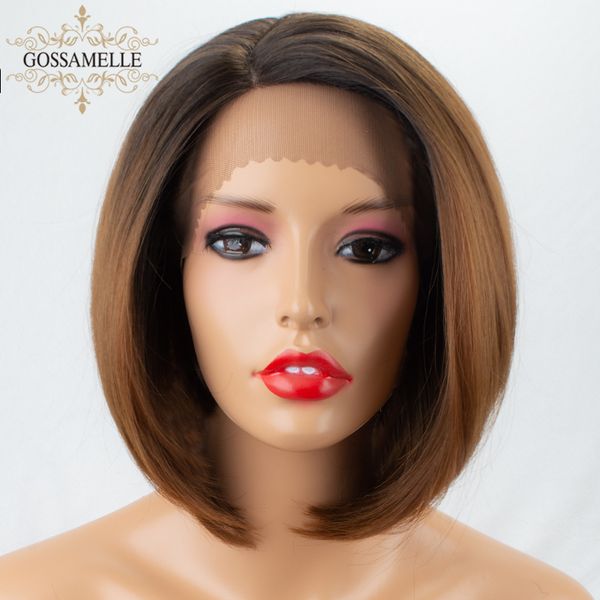 

gossamelle ombre brown mixed black synthetic lace front wig short wavy bob wigs for women cosplay wigs high temperature fiber