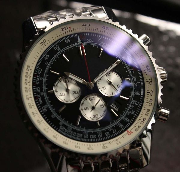 

2019 new watch montbrillant quartz chronograph 46mm black dial 316l silver steel strap sapphire solid strap mens sports watch, Slivery;brown