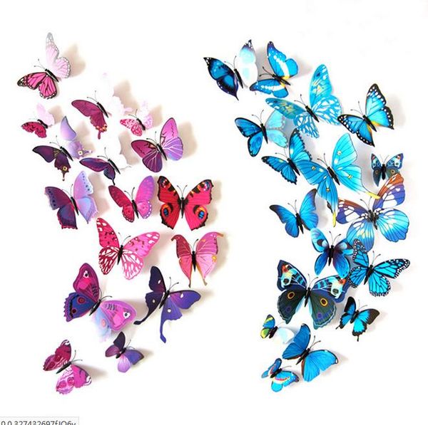 

new style 12pcs double layer 3d butterfly wall sticker on the wall home decor butterflies for decoration magnet fridge stickers
