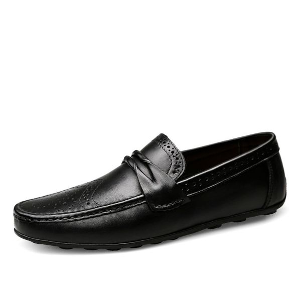 

men loafers shoes genuine leather casual sneakers male fashion carved boat footwear soft dress party shoes men chaussure homme, Black