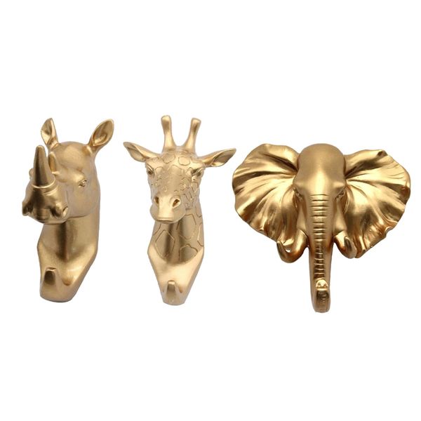 

pack 3 resin animal head hook hanger rack wall mount home decorative gold