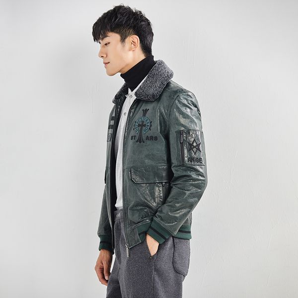 

ptslan 2019 men genuine leather jacket real lambskin jackets natural sheepskin coat clothes motorcycle, Black