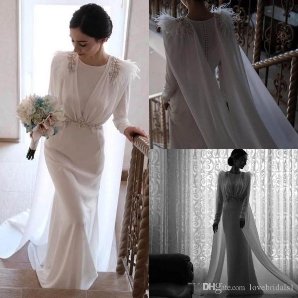 

charming elegant beach mermaid wedding dresses feather chiffon beaded floor length long wedding dress bridal gowns vestidos de novia, White