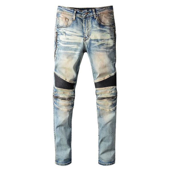 

men's pu leather patchwork biker jeans knee zippers retro light blue stretch denim slim pants mens skinny jeans
