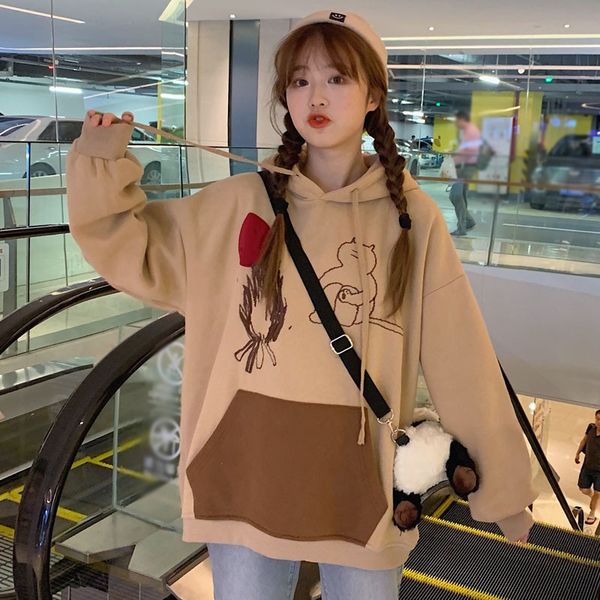 

sweet cute cartoon embroidery khaki thick hoodies fashion casual long sleeve hooded sweatshirt for women, Black