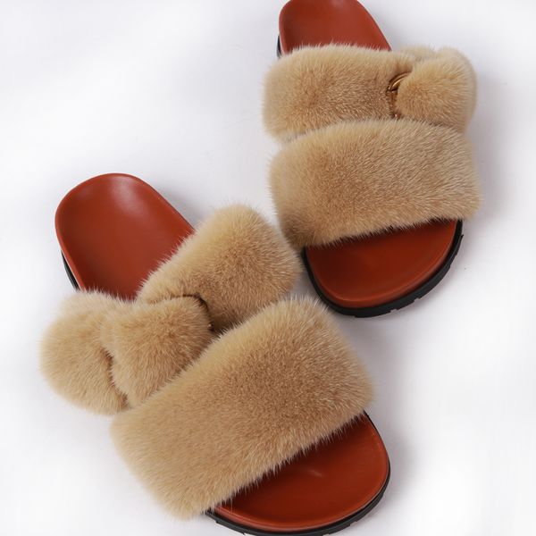 

ladies fur slides ladies natural slippers women cute fluffy fur slippers, Black