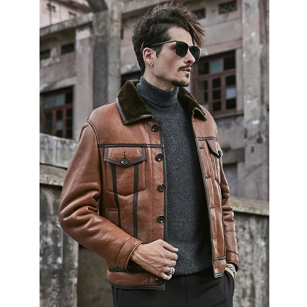 

2019 new mens b3 shearling jacket sheepskin coat short mens leather jacket winter coats fur, Black