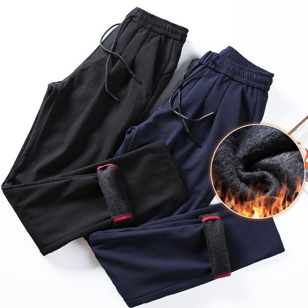 

men's winter pants men loose stretch sweatpants thicker joggers male trousers male plus size fleece lining pants, Black