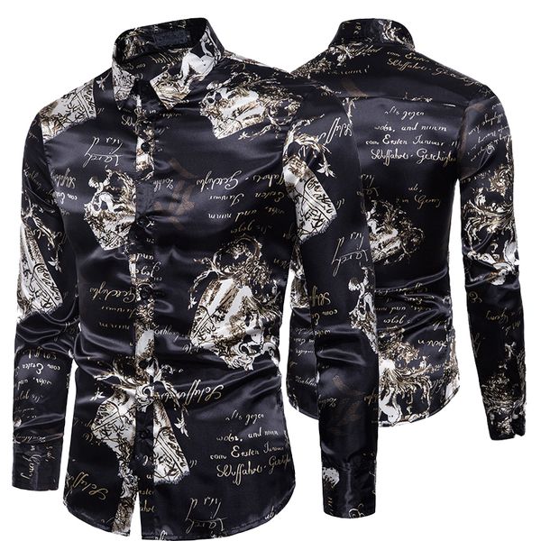 

european and american men's wear autumn and winter style fashion dynamic dark printing design men's lapel long sleeve shirt, White;black