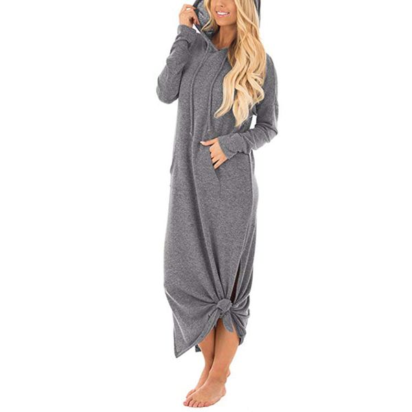 

2018 fashion summer dress female womens casual pockets dresses long sleeve split hooded solid long maxi dress robe vestidos, Black;gray