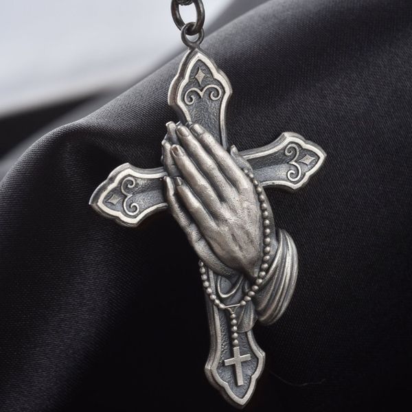 

vintage silver metal cross pendant necklace for men women classic hands together prayer necklace jewellery