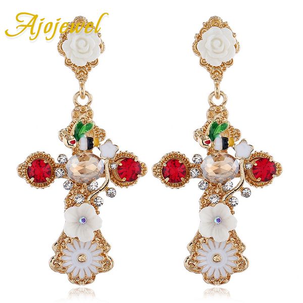 

ajojewel pendientes baroque style cross earrings for women with colorful rhinestone white flower big drop earrings bijoux, Silver